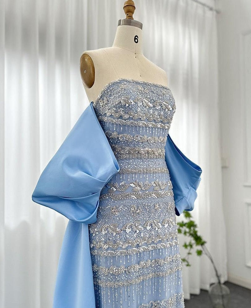 Vintage Glänzendes, perlenbesetztes, trägerloses Etuikleid im Cape-Design, langes Ballkleid, Abendkleid, DP6535