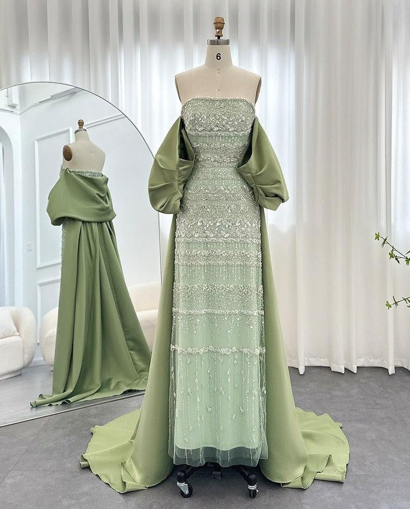 Vintage Glänzendes, perlenbesetztes, trägerloses Etuikleid im Cape-Design, langes Ballkleid, Abendkleid, DP6535