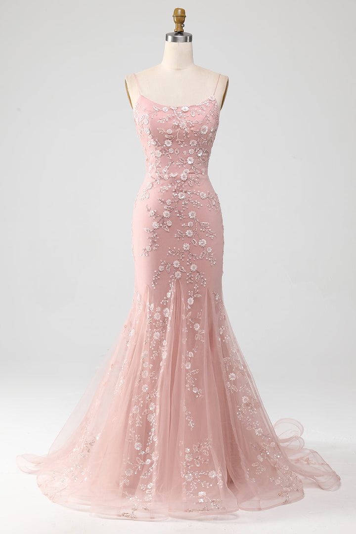 Elegant Pink Lace Spaghetti straps Long Evening Dress Mermaid Prom Dress MD023