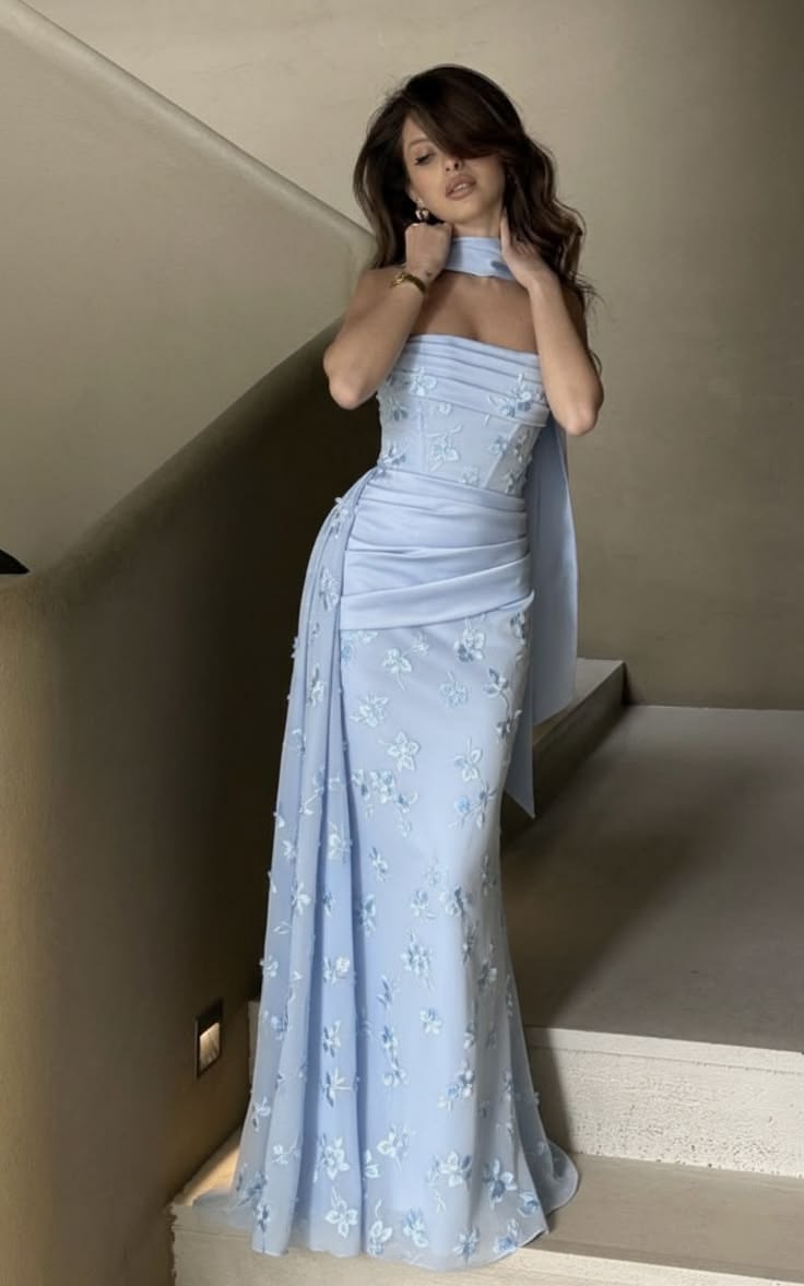 Elegant Blue Strapless Long Evening Dress Sheath Prom Dress MD024