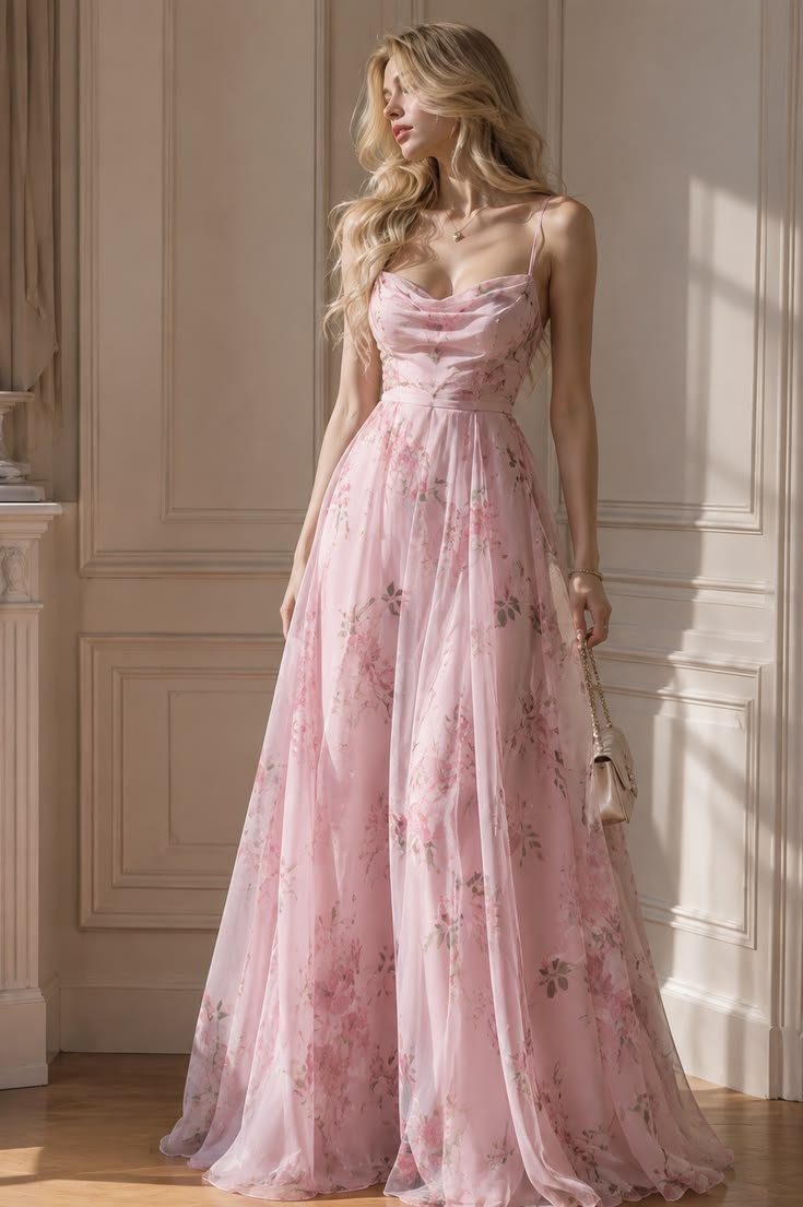 Ethereal Pink Floral Printed Chiffon Spaghetti straps Long Evening Dress A-line Prom Dress MD025