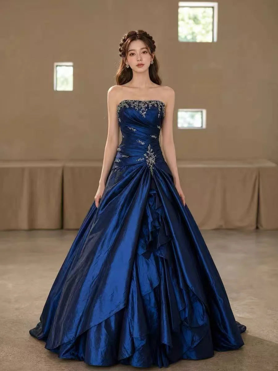 A-line Satin Blue Long Prom Dress, Blue Long Evening Dress with Lace Sequin MD037