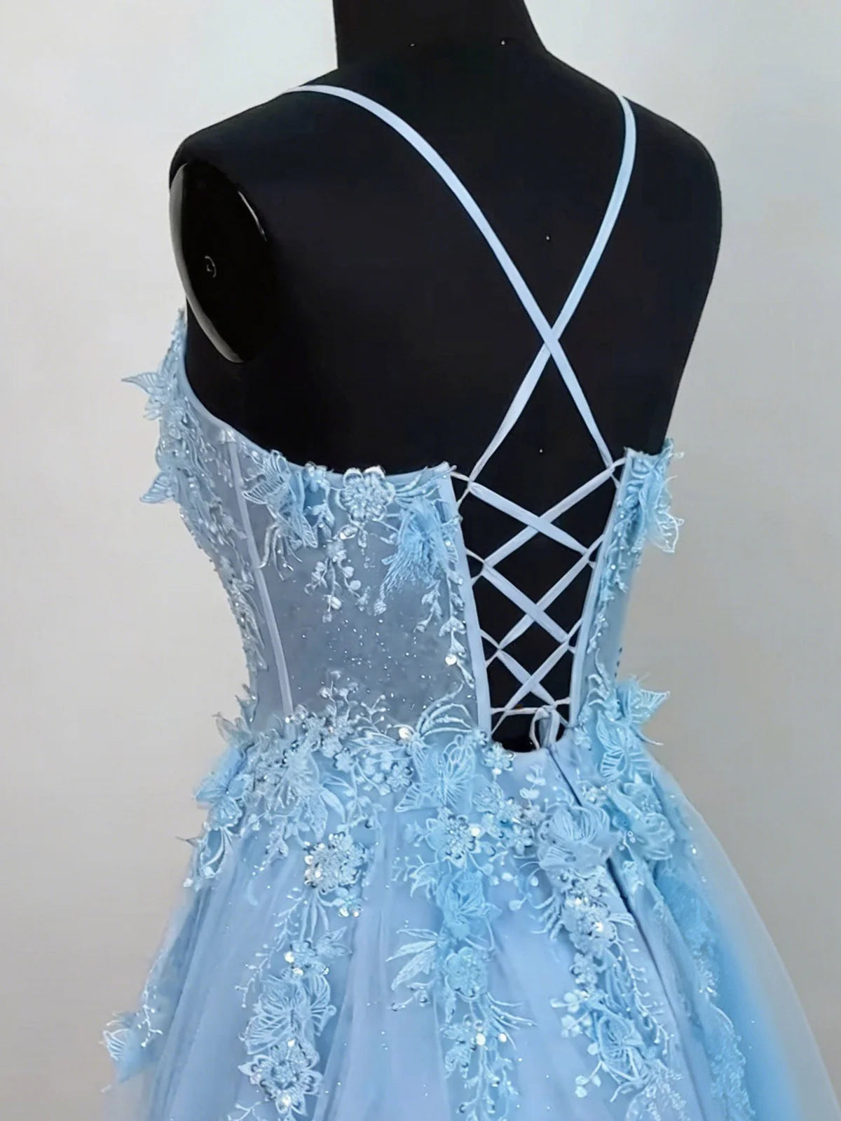 A-line Tulle Lace Floor Length Blue Prom Dress, Blue Formal Dress MD044