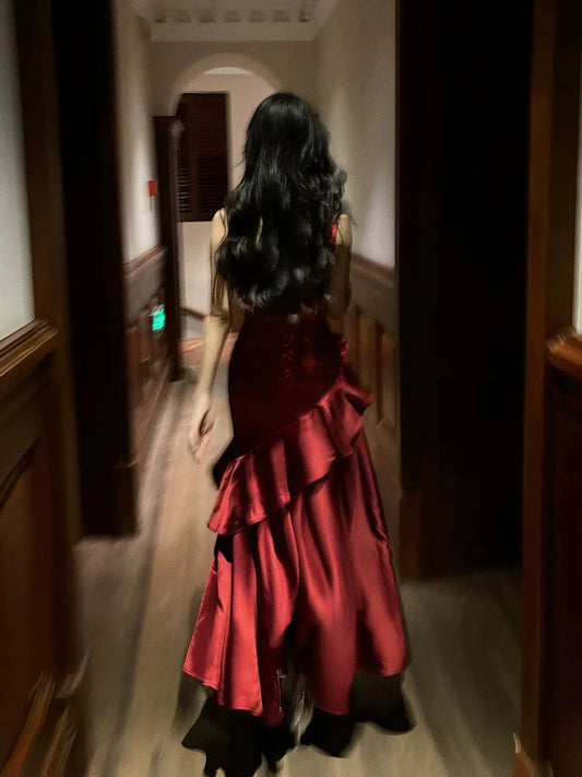 A-Line High Low Satin Burgundy Prom Dress with Flower MD046
