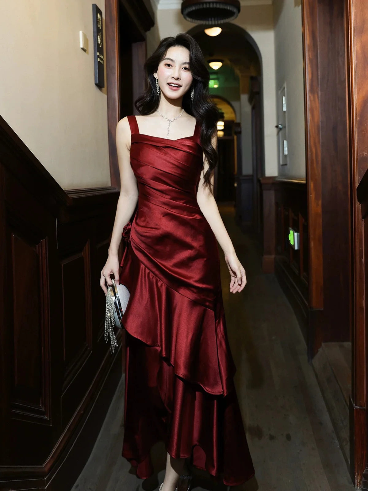 A-Line High Low Satin Burgundy Prom Dress with Flower MD046