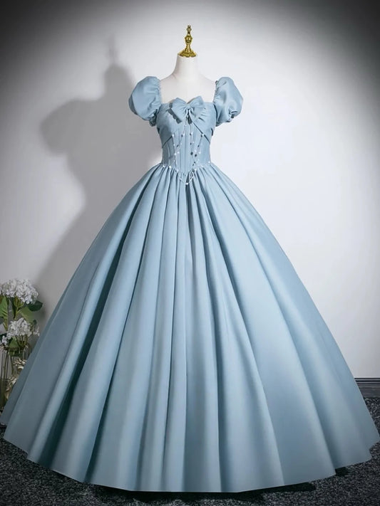 A-line Puff Sleeves Satin Floor Length Blue Long Prom Dress with Beads MD049