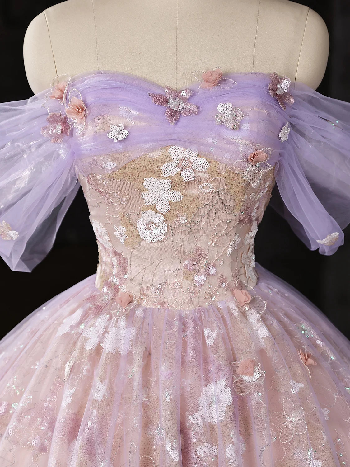 Sweetheart Off Shoulder Tulle Lace Purple Long Prom Dress MD050