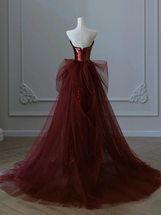 A-Line Floor Length Tulle Sequin Burgundy Prom Dress, Burgundy Party Dress MD051