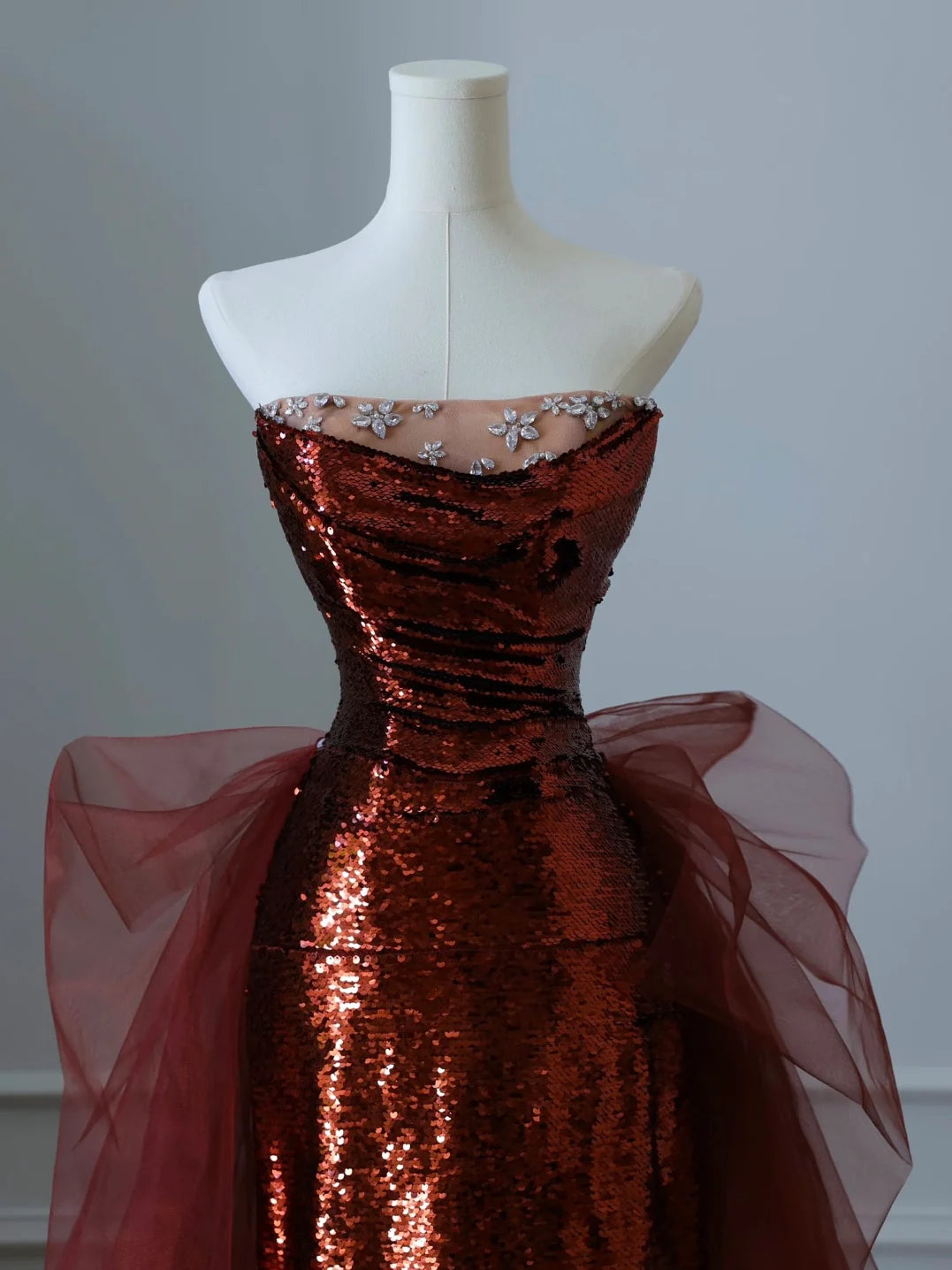 A-Line Floor Length Tulle Sequin Burgundy Prom Dress, Burgundy Party Dress MD051