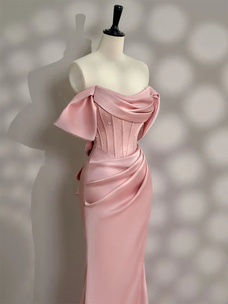 Mermaid Off Shoulder Satin Floor Length Pink Long Prom Dress with Beads MD052