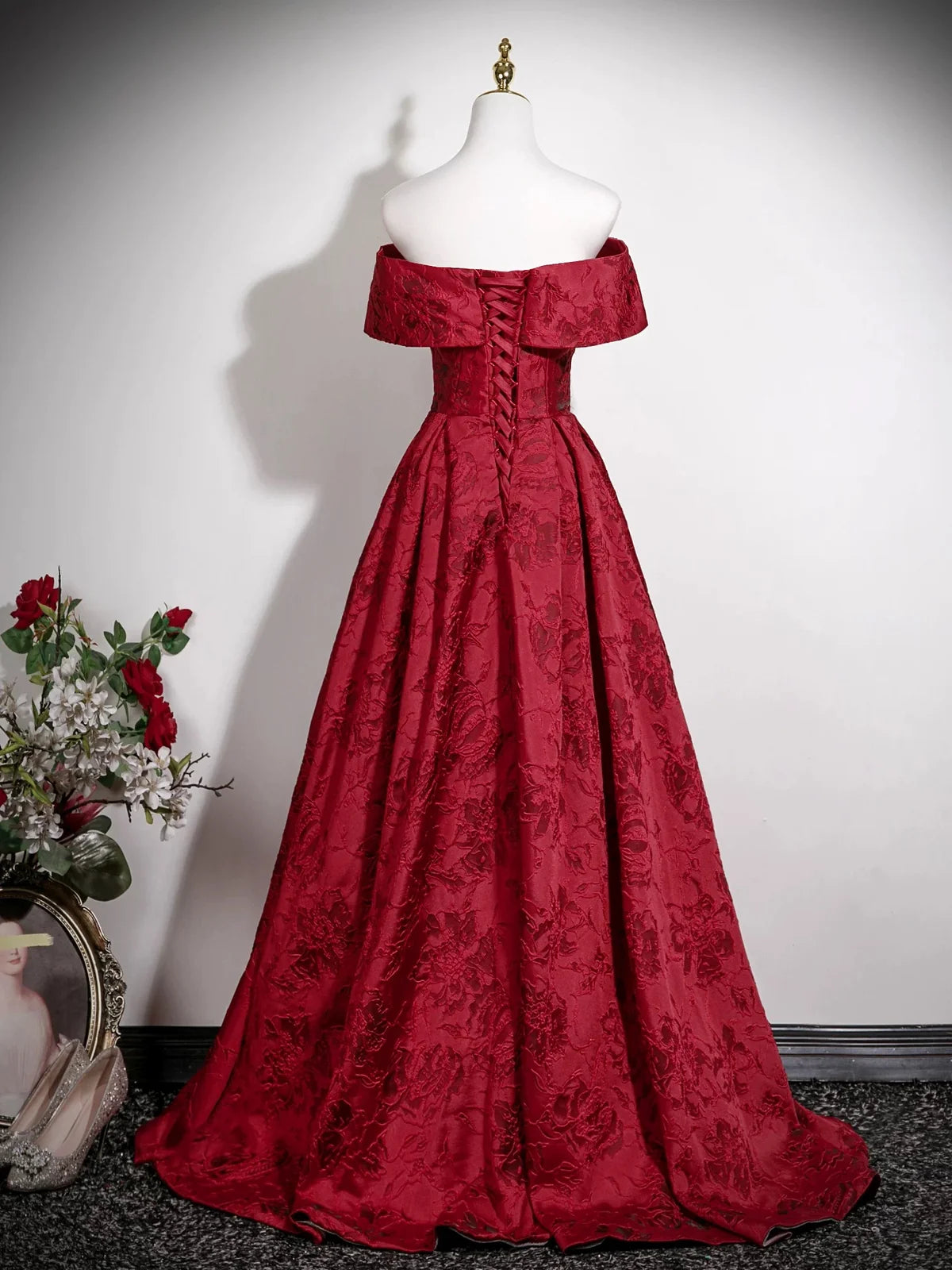 A-Line Off Shoulder Satin Dark Red Long Prom Dress, Dark Red Long Evening Dress MD056