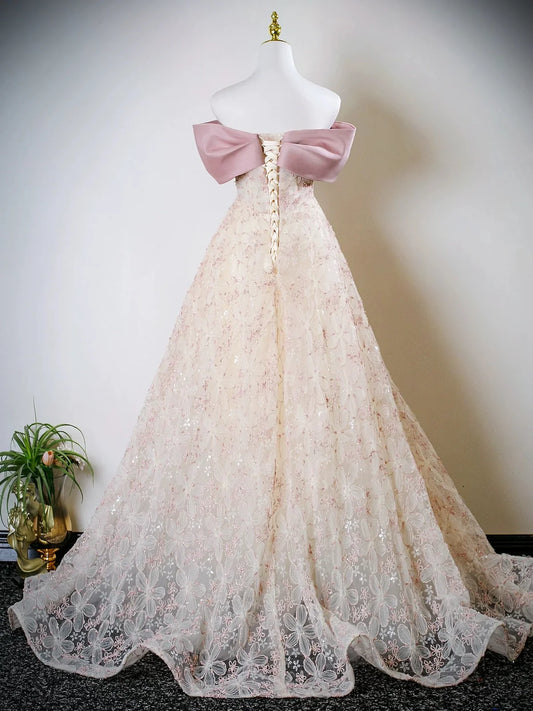 A-Line Off Shoulder Tulle Lace Champagne Long Prom Dress, Champagne Long Formal Dress MD057