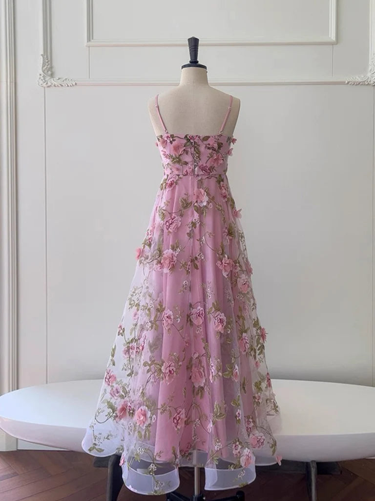 A-Line Tulle 3D Flower Pink Long Prom Dress, Pink Long Formal Dress MD059