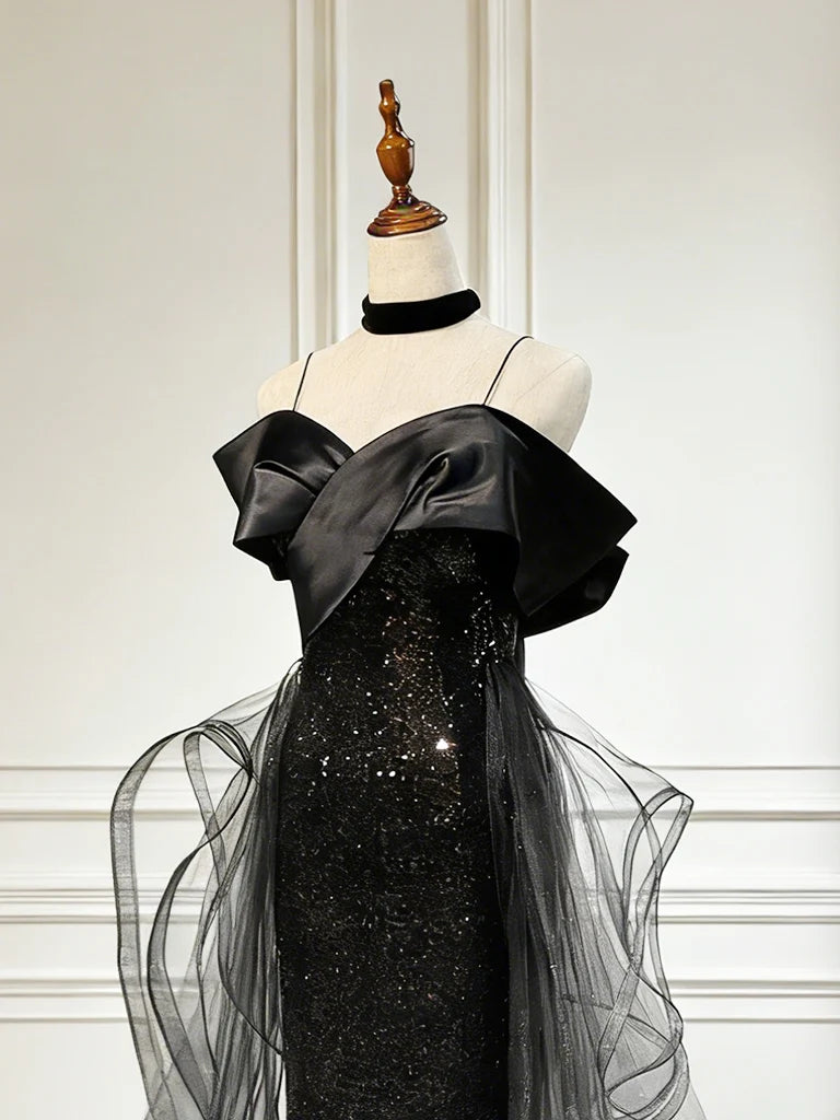 Sweetheart Off Shoulder Tulle Sequin Sweep Train Black Long Evening Dress MD060