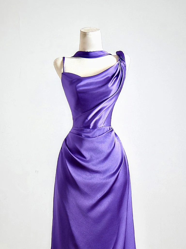 Simple One Shoulder Satin Sweep Train Purple Prom Dress MD061