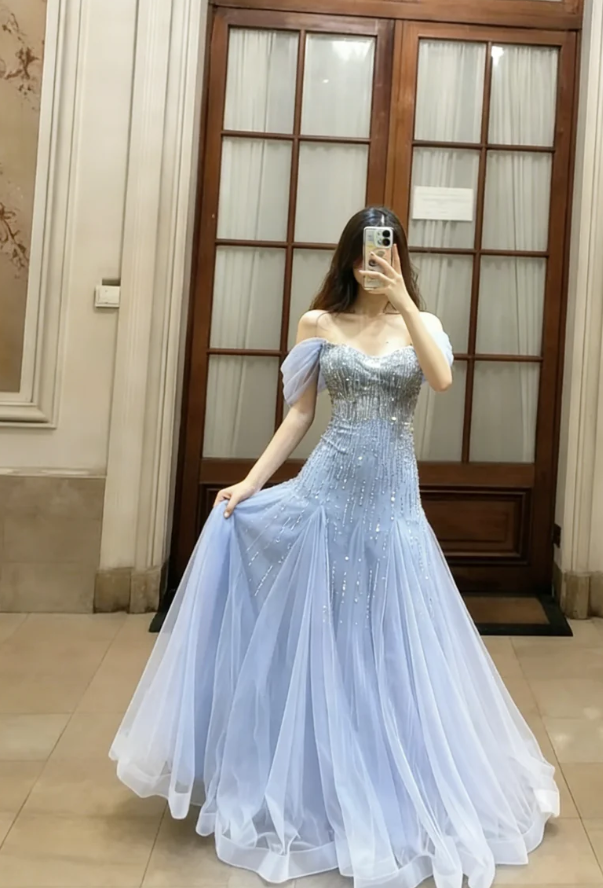 Ethereal Blue Off-the-Shoulder Beaded Prom Dress Tulle Evening Dress A-line Party Dress , MD063