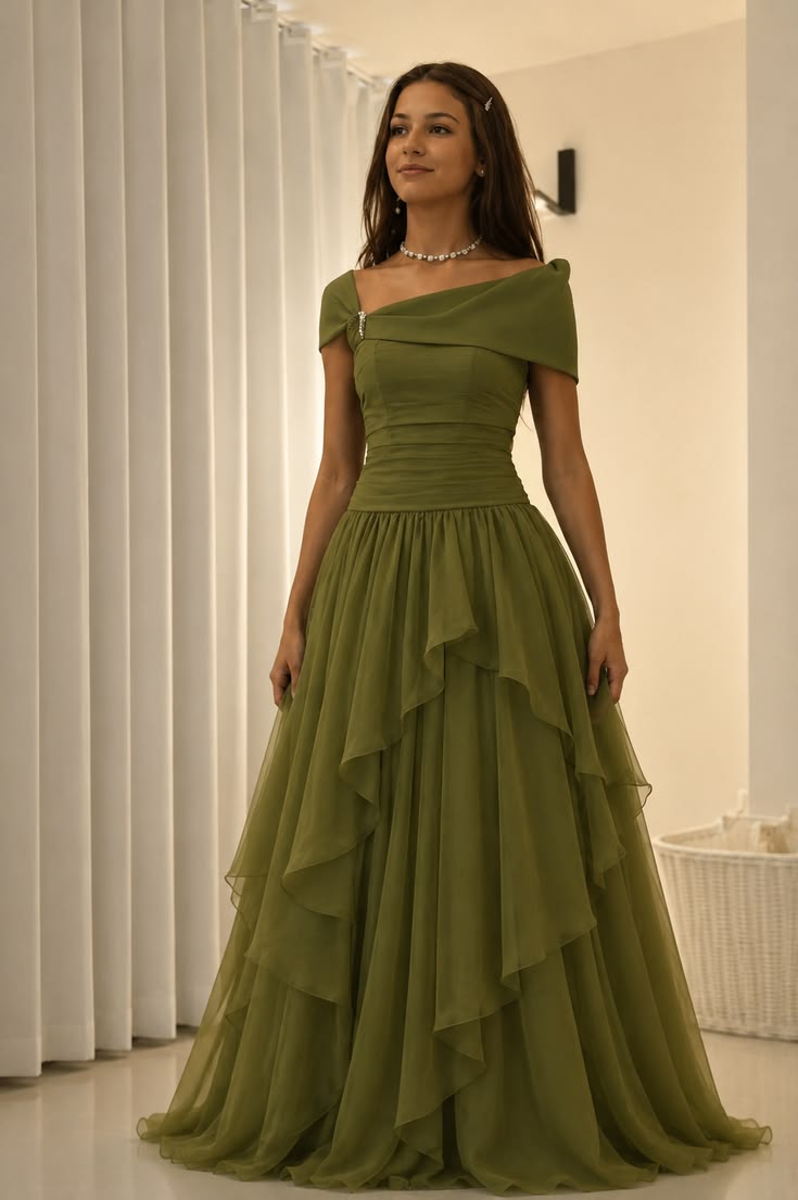 Elegant Green Asymmetrical Neck Prom Dress Tulle Evening Dress A-line Party Dress , MD067