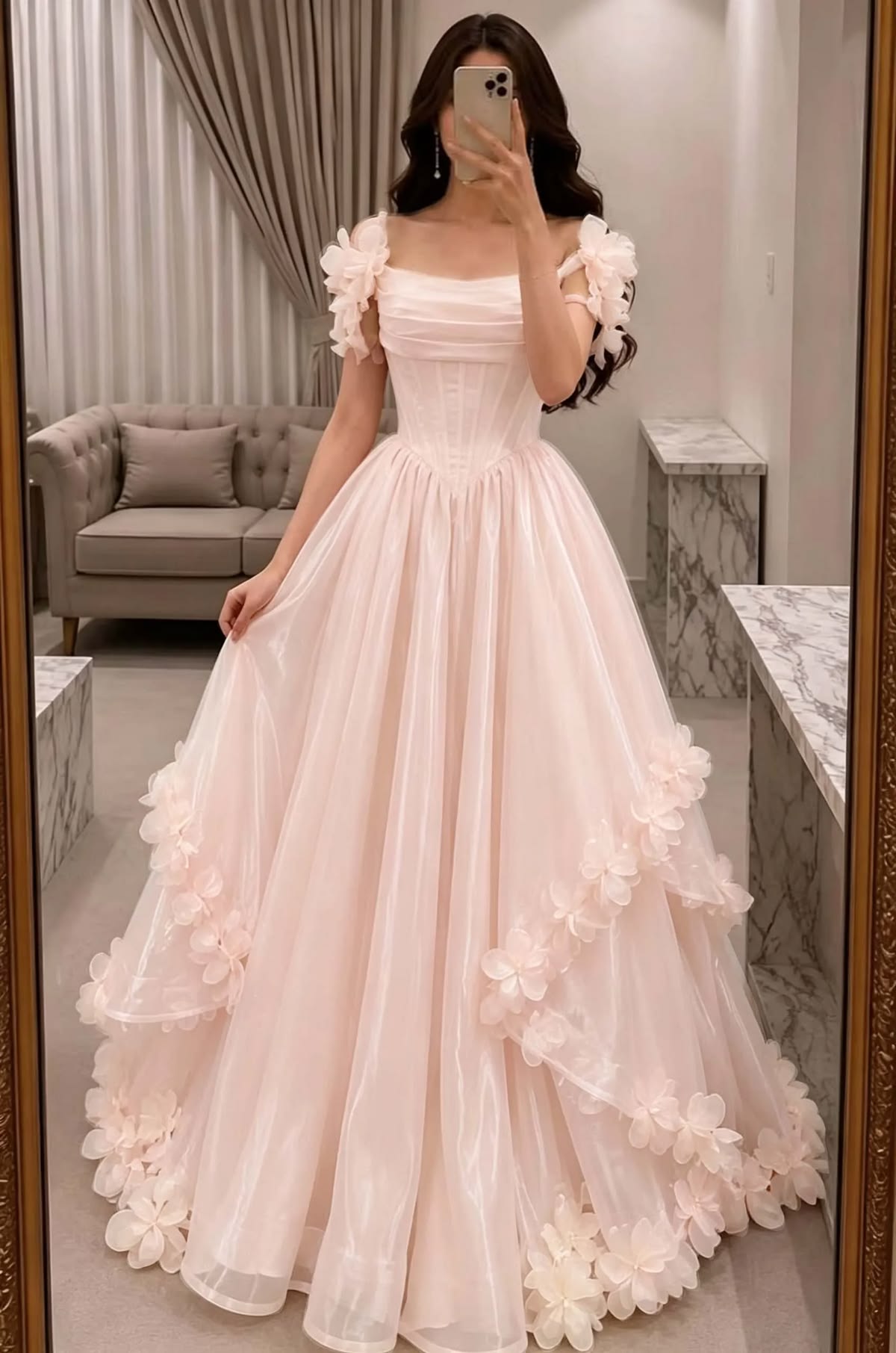 Ethereal Pink Square Neck Prom Dress Tulle Evening Dress Ruffled A-line Party Dress , MD071
