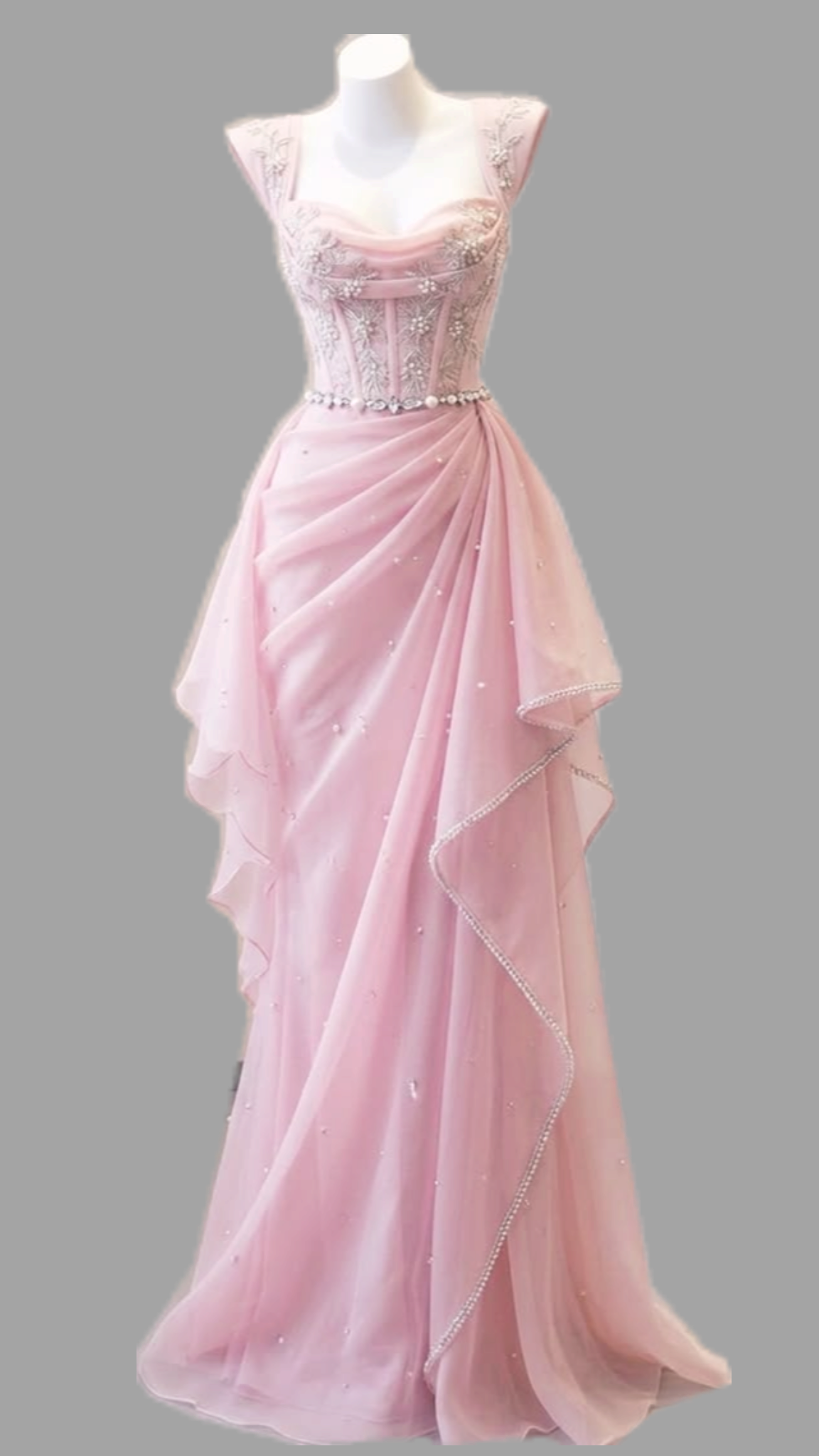 Elegant Square Neck Sheath Prom Dress Beaded Pink Tulle Long Evening Gown MD072