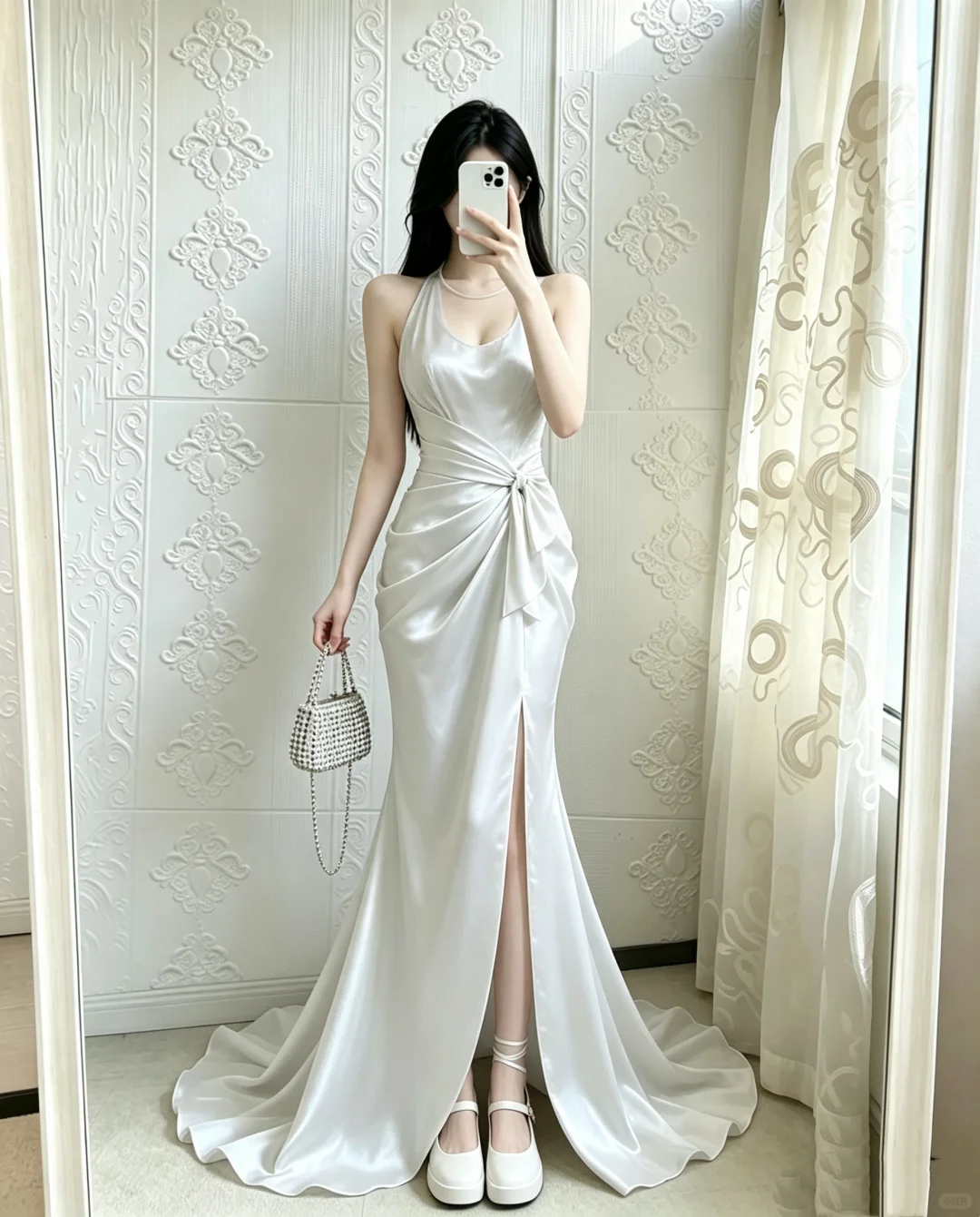 Elegant Halter V-neck White Mermaid Prom Dress Satin High Slit Evening Dress MD077
