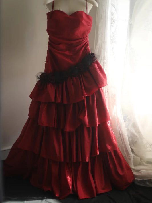 A-Line Sweetheart Neck Taffeta Burgundy Long Prom Dress MD078