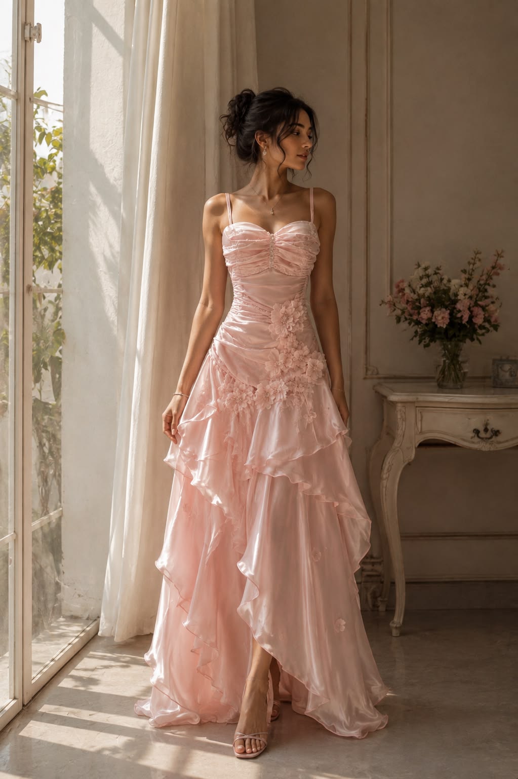 Beautiful Pink Spaghetti Straps Prom Dress Satin Evening Dress Ruffled A-line Party Dress , MD081