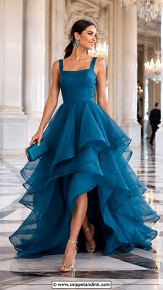 Vintage Square Neck Blue A-line Prom Dress Tulle Ruffled Evening Dress MD084