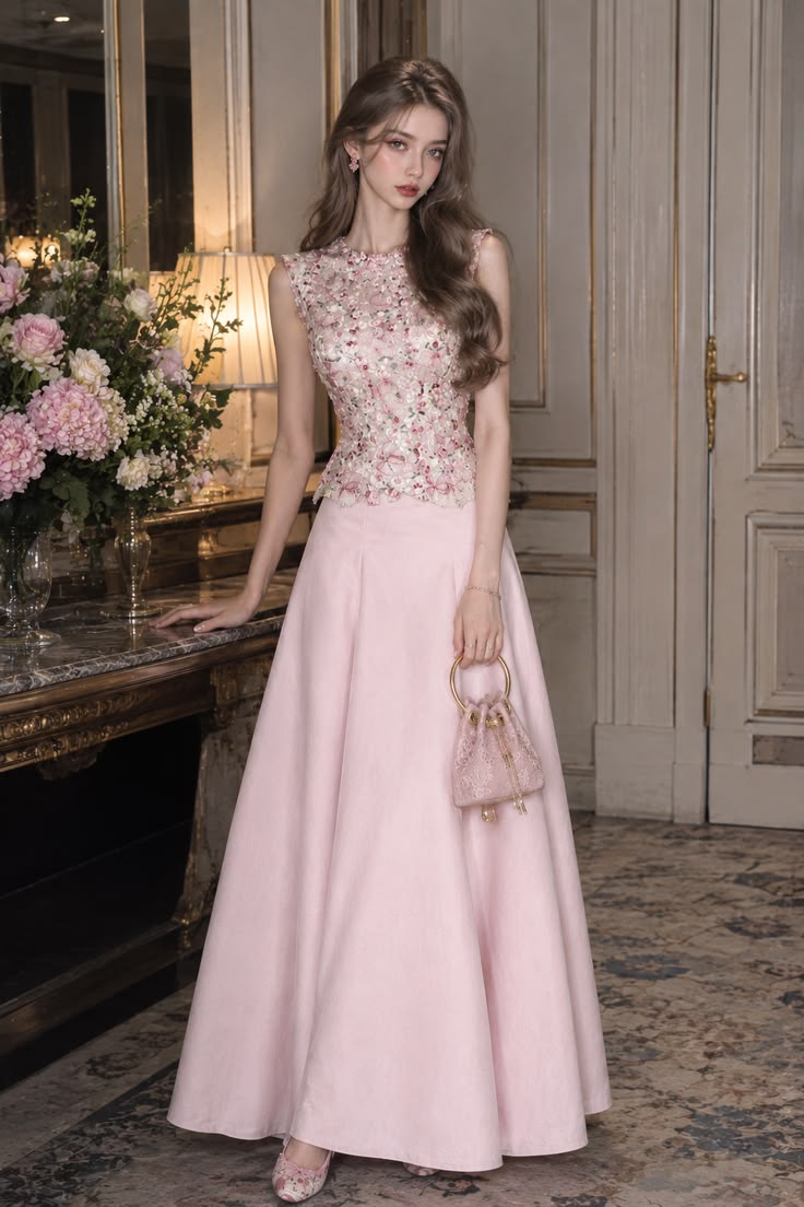Elegant Pink Round Neck A-line Prom Dress Satin Sequin Evening Dress MD085