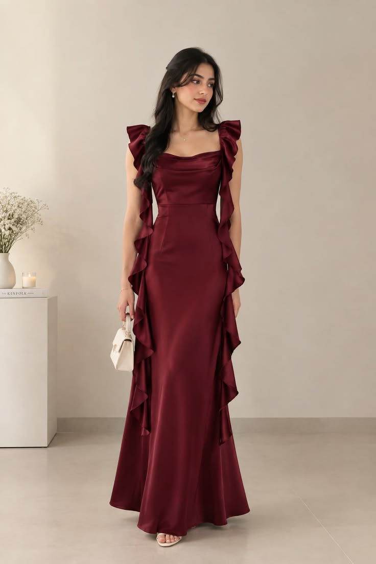 Elegant Red A-line Prom Dress Satin Square Neck Evening Dress MD089