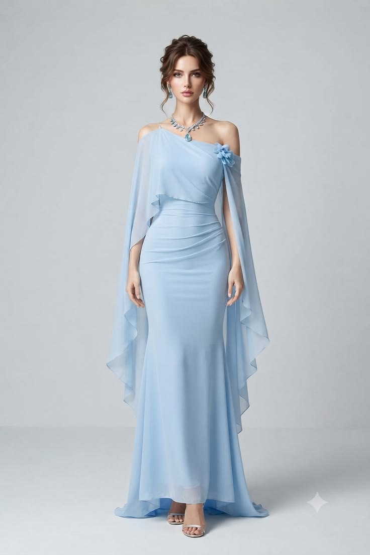 Beautiful Blue Prom Dress One-the-Shoulder Chiffon Evening Dress Ruffled Sheath Party Dress , MD091