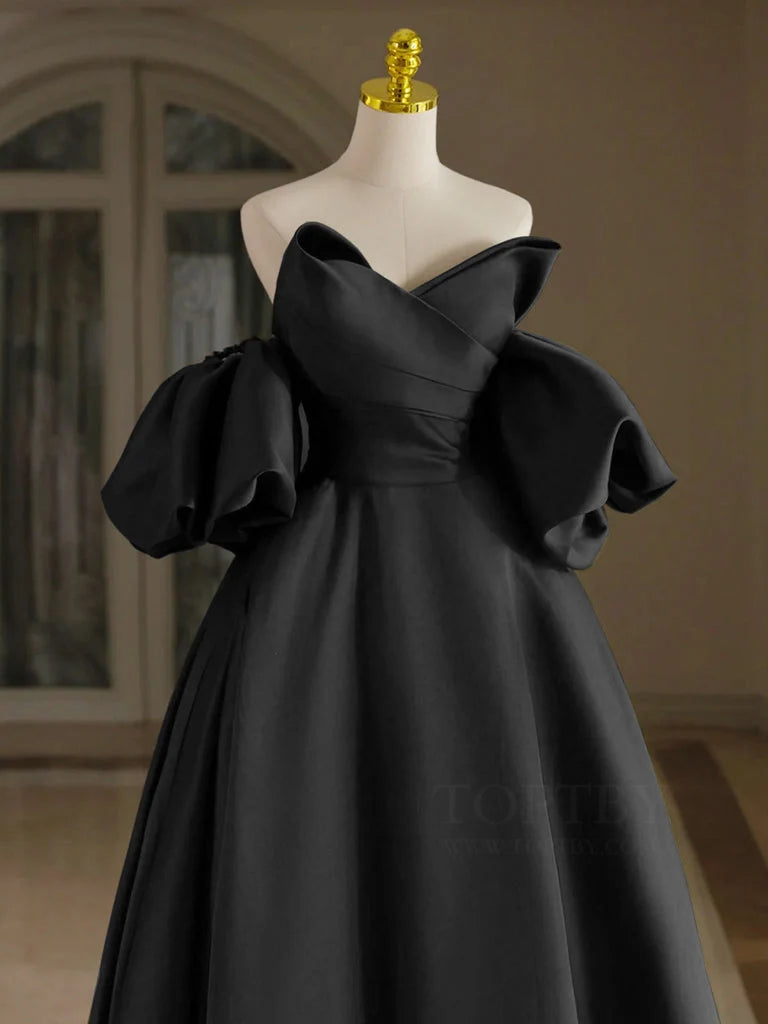 A-Line V Neck Puff Sleeves Satin Black Long Prom Dress, Black Long Formal Dress MD092