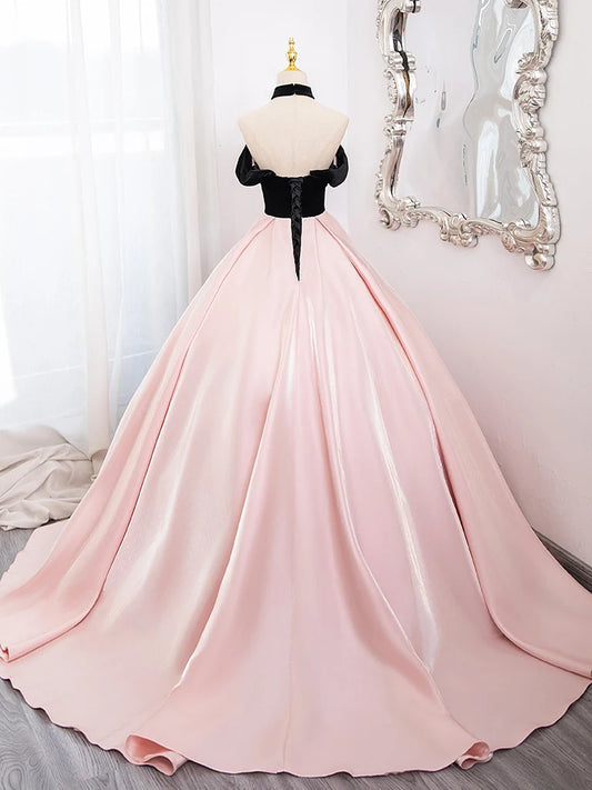 A-Line Sweetheart Neck Satin Pink Long Prom Dress, Pink Long Formal Dress MD094