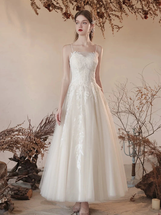 A-Line Tulle Lace Tea Length Light Champagne Long Prom Dress MD096