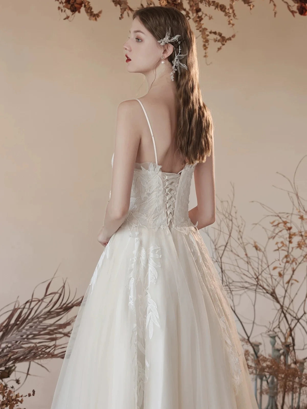 A-Line Tulle Lace Tea Length Light Champagne Long Prom Dress MD096