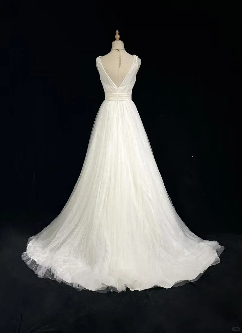 Elegant V Neck White A-line Prom Dress Tulle Backless Evening Dress MD099