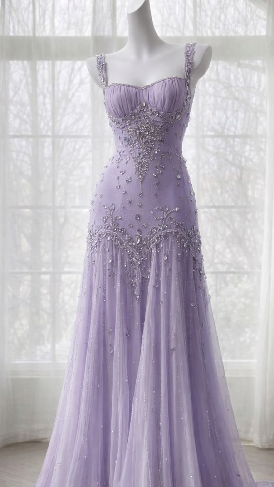 Chic Square Neck Purple Sheath Prom Dress Tulle Beaded Evening Dress MD101