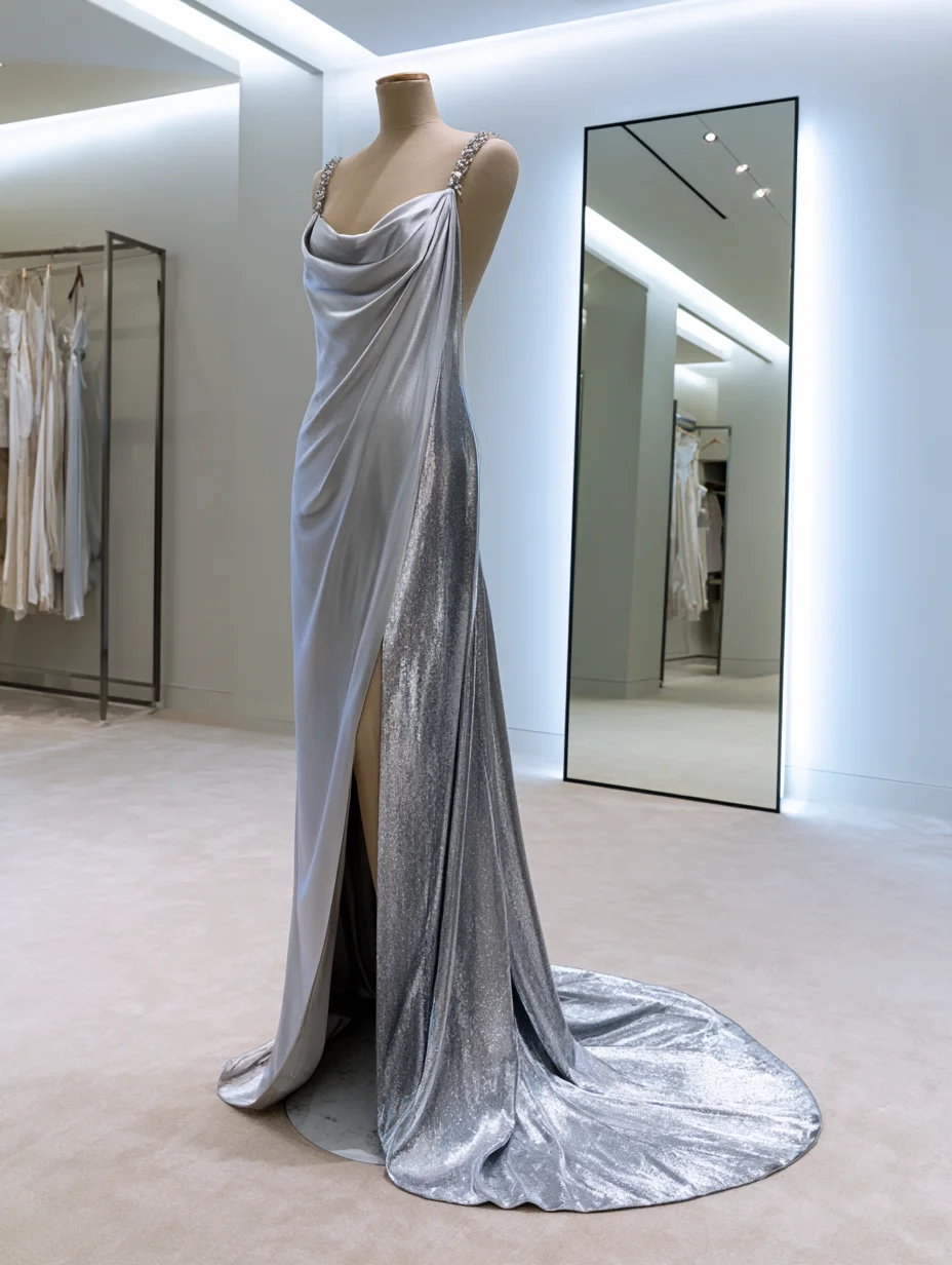 Elegant Spaghetti Straps Silver Mermaid Prom Dress High Slit Evening Dress MD104