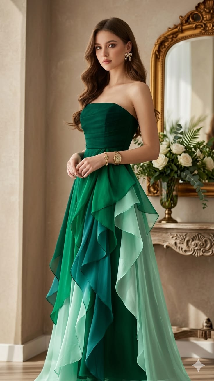 Elegant Strapless Green A-line Prom Dress Chiffon Ruffled Evening Dress MD106