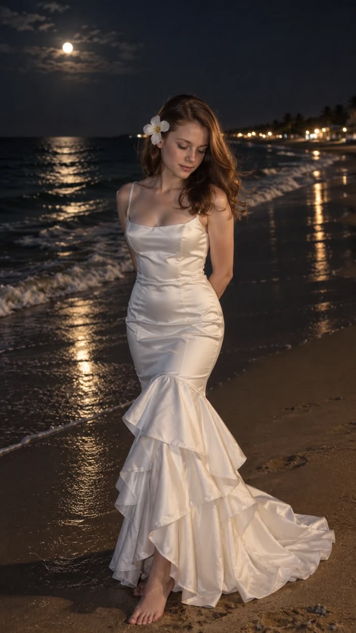 Elegant Spaghetti Straps White Mermaid Prom Dress Satin Ruffled Evening Dress MD110