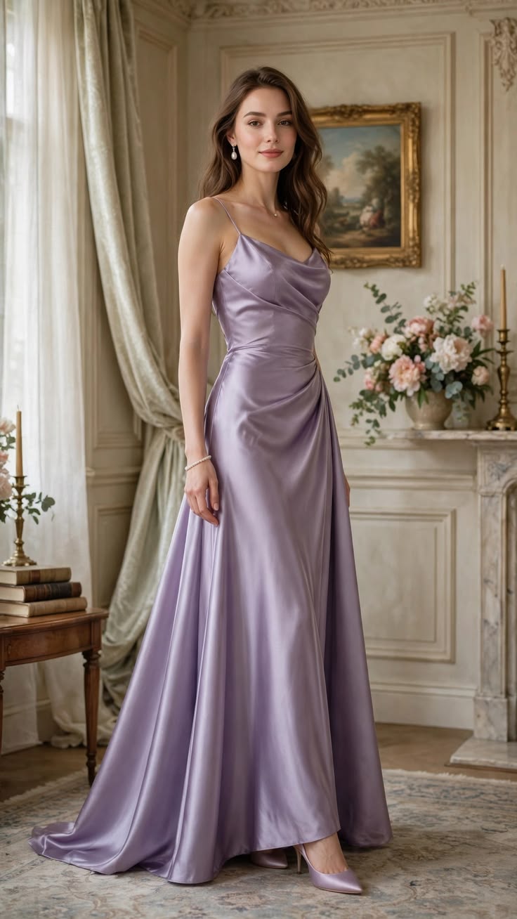 Elegant Spaghetti Straps Purple Sheath Prom Dress Satin Evening Dress MD113