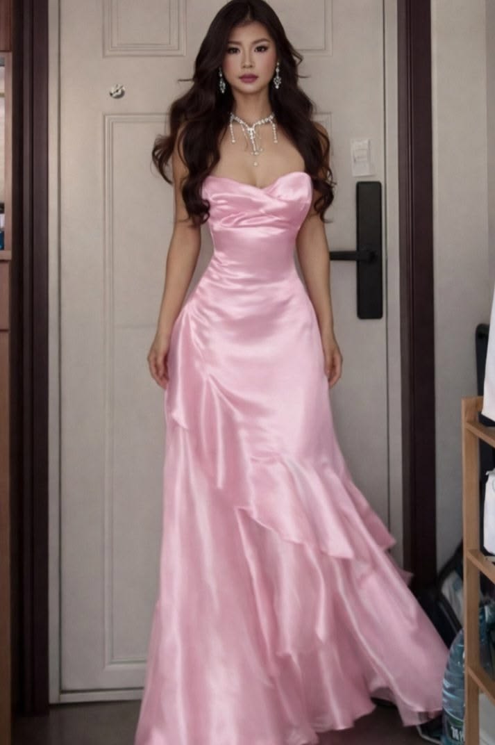 Elegant Sweetheart Pink A-line Prom Dress Satin Ruffled Evening Dress MD114