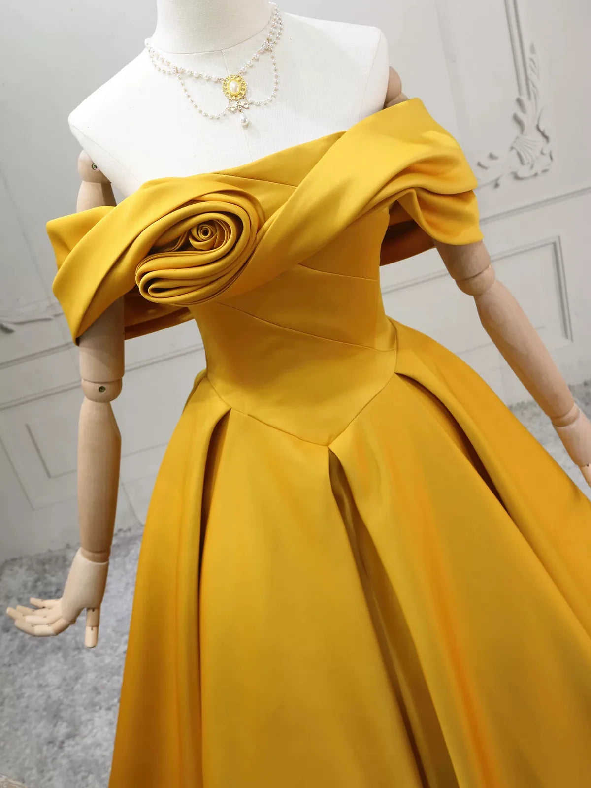A-Line Off Shoulder Satin Yellow Long Prom Dress, Yellow Long Evening Dress MD117