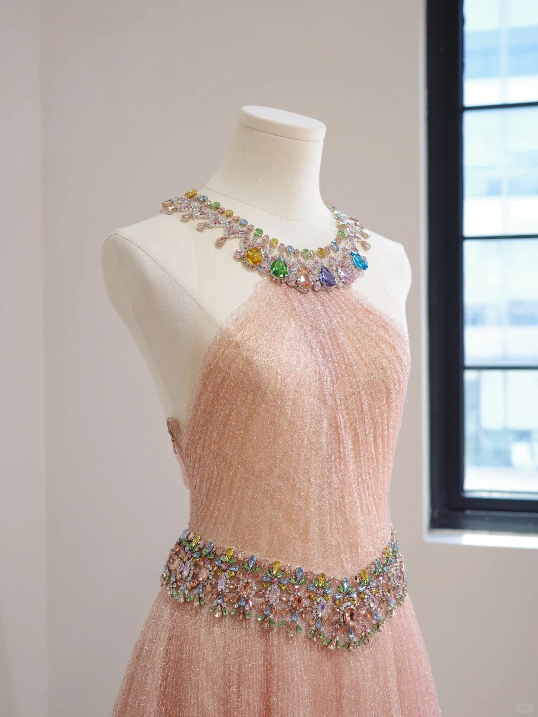 Etheareal Halter Neck Pink A-line Prom Dress Beaded Tulle Evening Dress MD123
