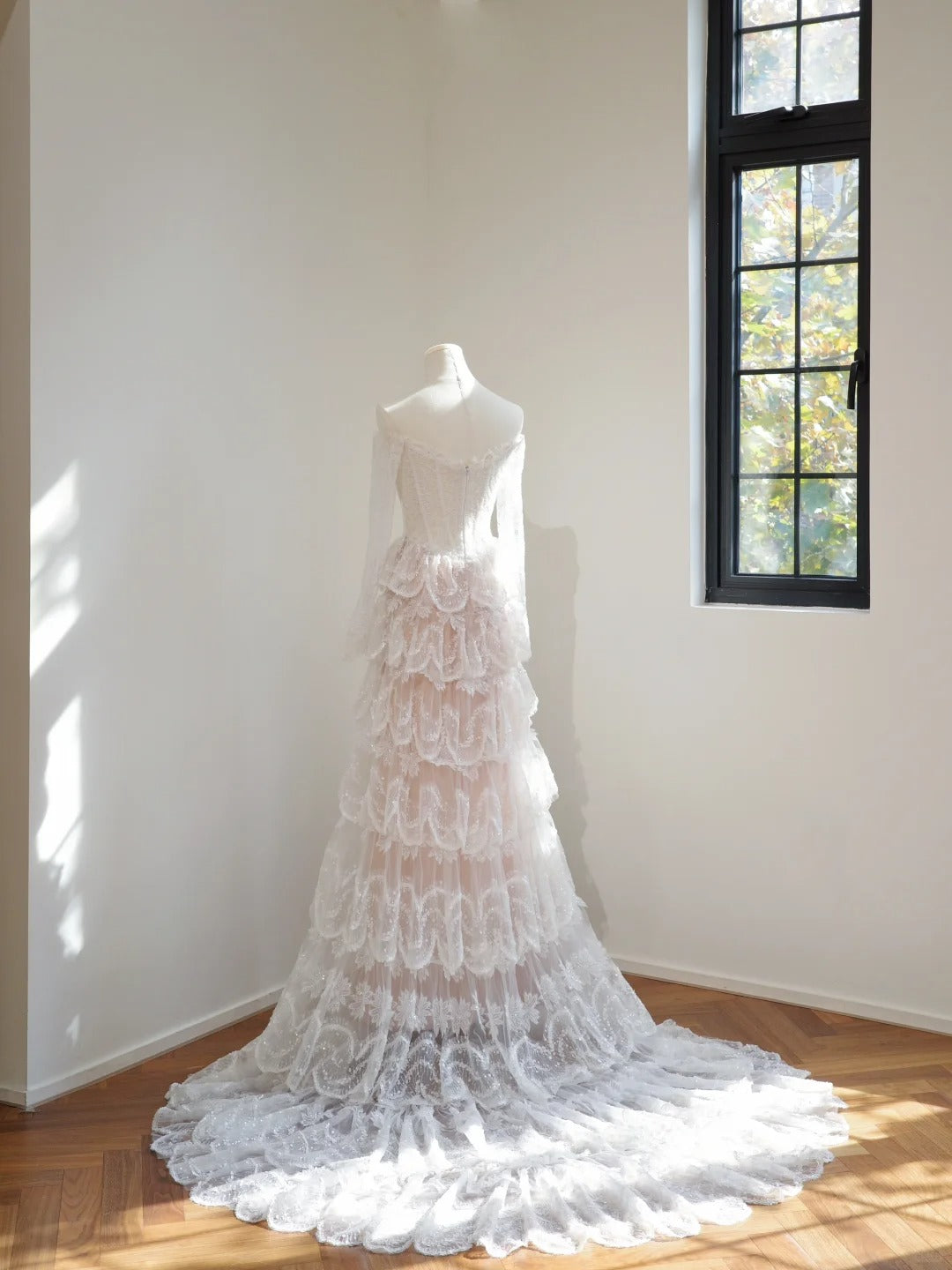 Ethereal A-Line Sweetheart Neck Lace White Long Wedding Dress, Sequin Prom Dress MD124
