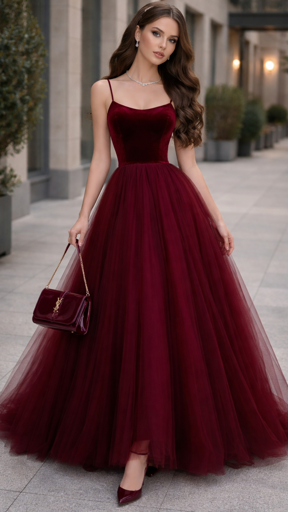 Elegant A-Line Spaghetti Straps Tulle Burgundy Long Prom Dress MD125