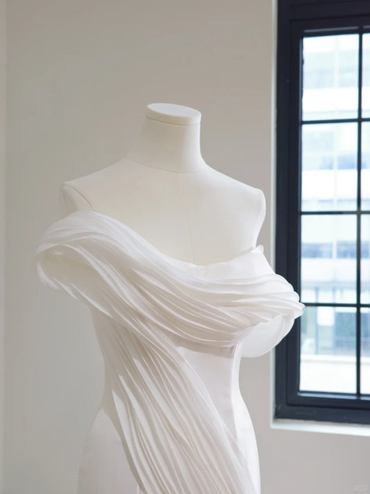 Ethereal Sheath Off-the-Shoulder Tulle White Long Wedding Dress, Pleated Prom Dress MD126