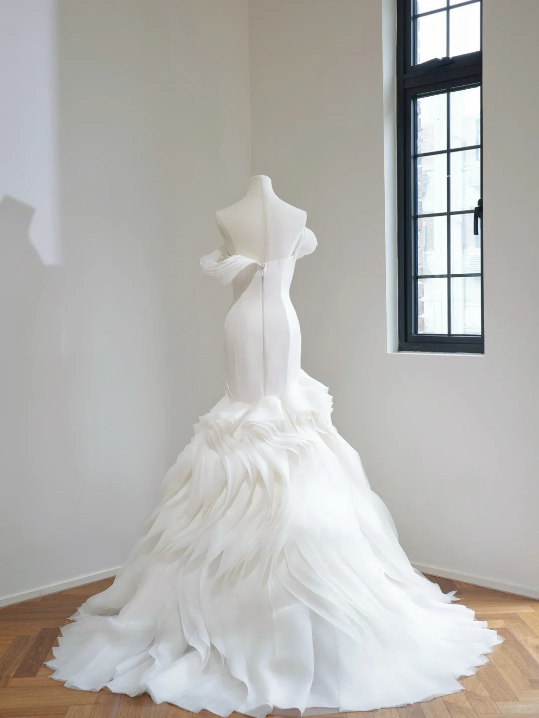 Ethereal Sheath Off-the-Shoulder Tulle White Long Wedding Dress, Pleated Prom Dress MD126