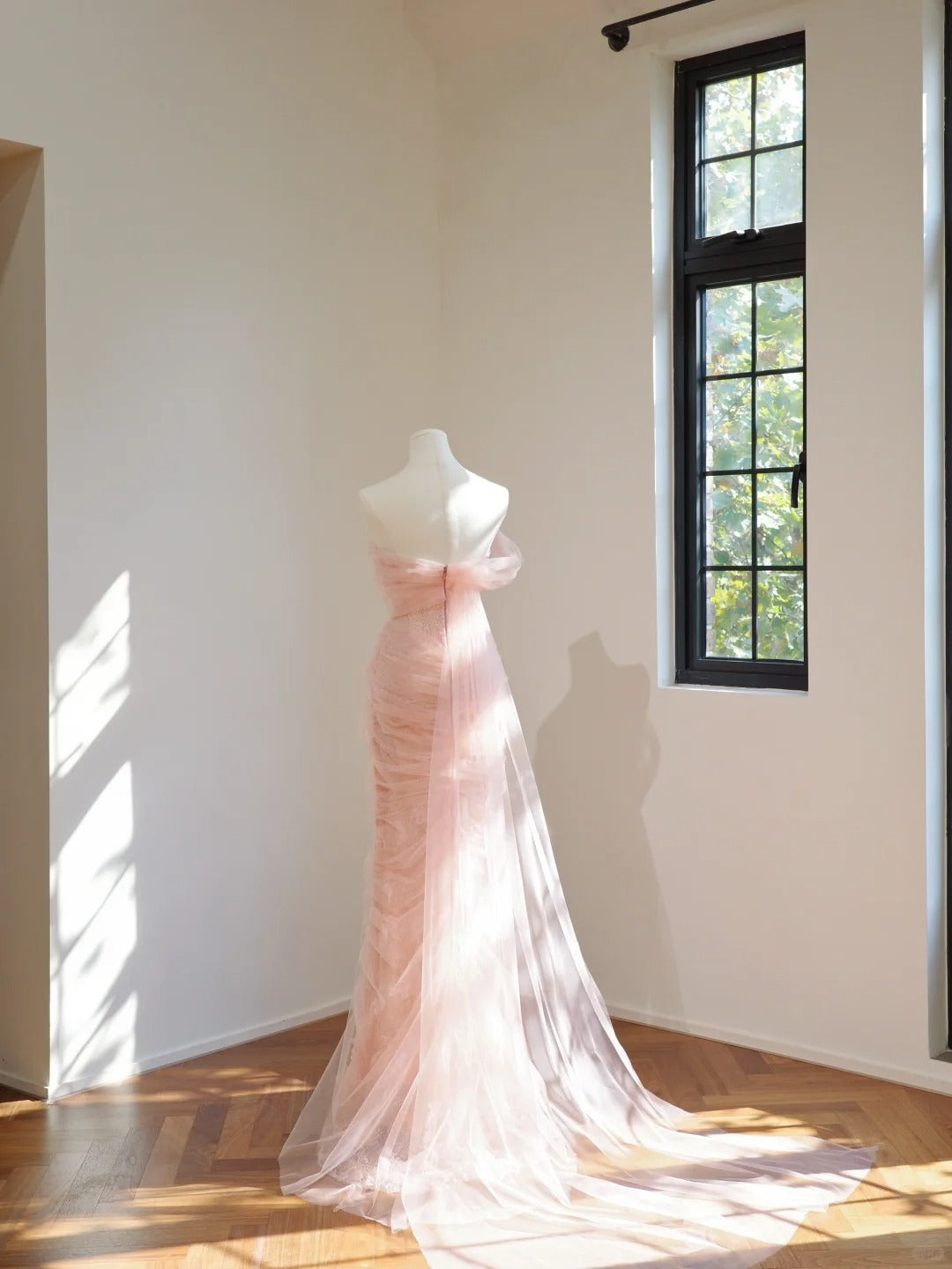 Ethereal Sheath Off-the-Shoulder Pink Long Evening Dress Tulle Prom Dress MD127
