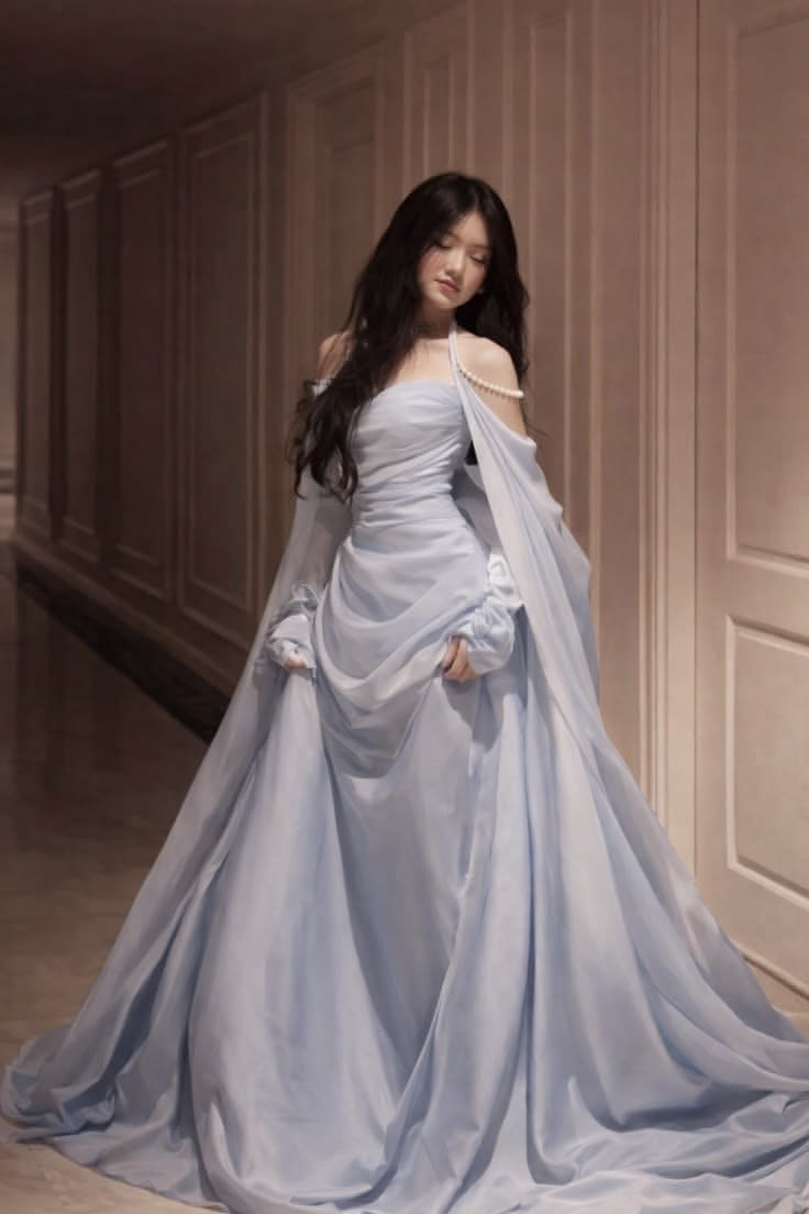 Ethereal A-Line Spaghetti Straps Tulle Blue Long Prom Dress MD128