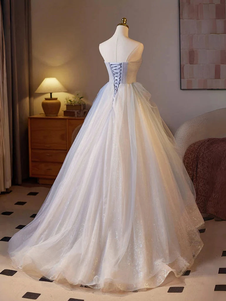 A-Line Sweetheart Neck Tulle Champagne Long Prom Dress, Champagne Formal Dress MD129